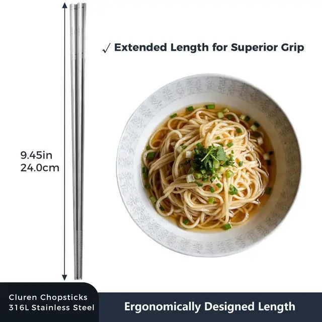 Alt view image 7 of 7 - Premium 316L Stainless Steel Chopsticks Set (5 Pair silver) - Reusable Metal Chopsticks with Laser Etching, Elegant Gift Box, Dishwasher Safe