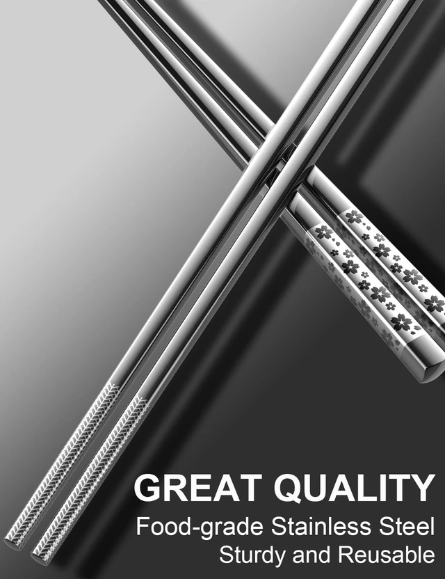 Alt view image 3 of 7 - 5 Pairs Metal Chopsticks Reusable 18/8 stainless steel Chopsticks Japanese Style Dishwasher Safe Lightweight Non-Slip Chop Sticks 9 1/4 Inches Present Set