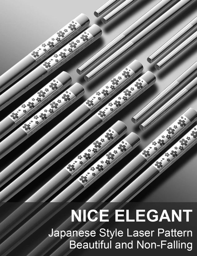Alt view image 4 of 7 - 5 Pairs Metal Chopsticks Reusable 18/8 stainless steel Chopsticks Japanese Style Dishwasher Safe Lightweight Non-Slip Chop Sticks 9 1/4 Inches Present Set