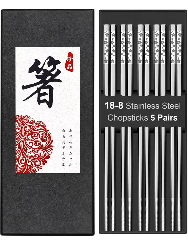 Alt view image 7 of 7 - 5 Pairs Metal Chopsticks Reusable 18/8 stainless steel Chopsticks Japanese Style Dishwasher Safe Lightweight Non-Slip Chop Sticks 9 1/4 Inches Present Set
