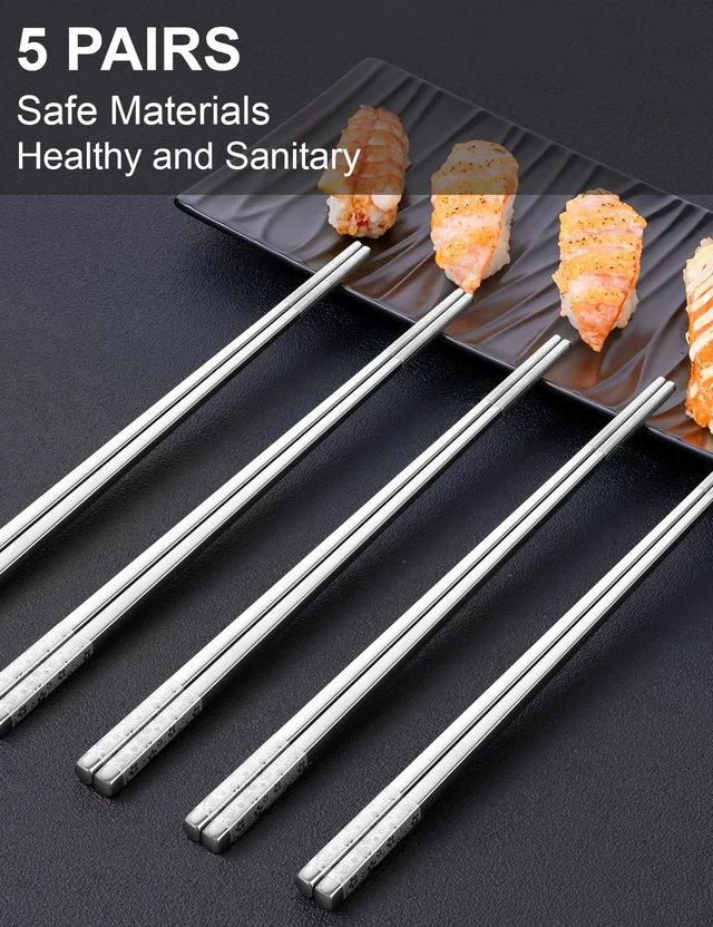 Alt view image 6 of 7 - 5 Pairs Metal Chopsticks Reusable 18/8 stainless steel Chopsticks Japanese Style Dishwasher Safe Lightweight Non-Slip Chop Sticks 9 1/4 Inches Present Set