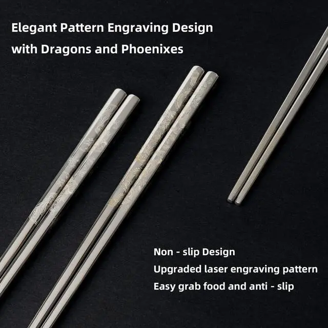 Alt view image 2 of 7 - Black Dragon & Phoenix Reusable Stainless Steel Chopsticks 2 Pairs | Titanium-Coated Finish, Non-Slip Grip, Dishwasher Safe, Elegant Gift Box, 9 Inch, Travel Friendly, Wedding, Housewarming