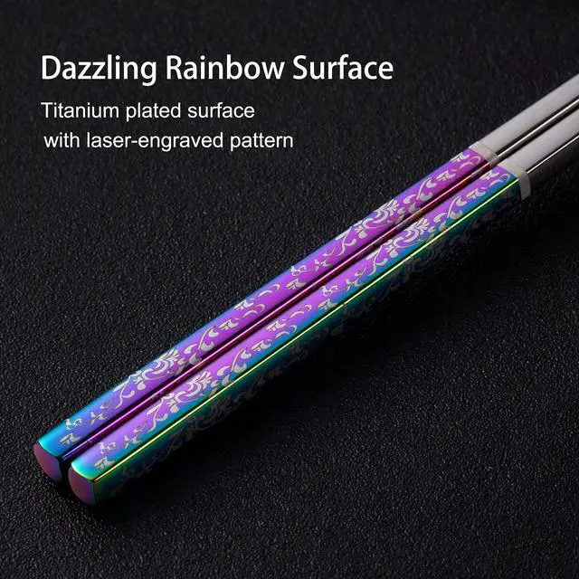 Alt view image 2 of 7 - Metal Chopsticks Reusable Dazzling Rainbow Stainless Steel Chopsticks Titanium Plated Dishwasher Safe Fancy Laser Engraved Korean Japanese Chop Sticks Multicolor 2 Pairs Gift Set