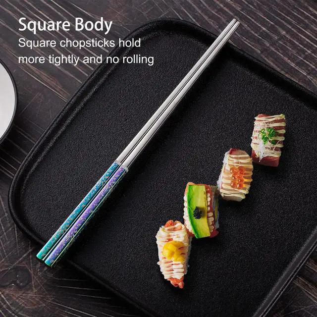 Alt view image 4 of 7 - Metal Chopsticks Reusable Dazzling Rainbow Stainless Steel Chopsticks Titanium Plated Dishwasher Safe Fancy Laser Engraved Korean Japanese Chop Sticks Multicolor 2 Pairs Gift Set
