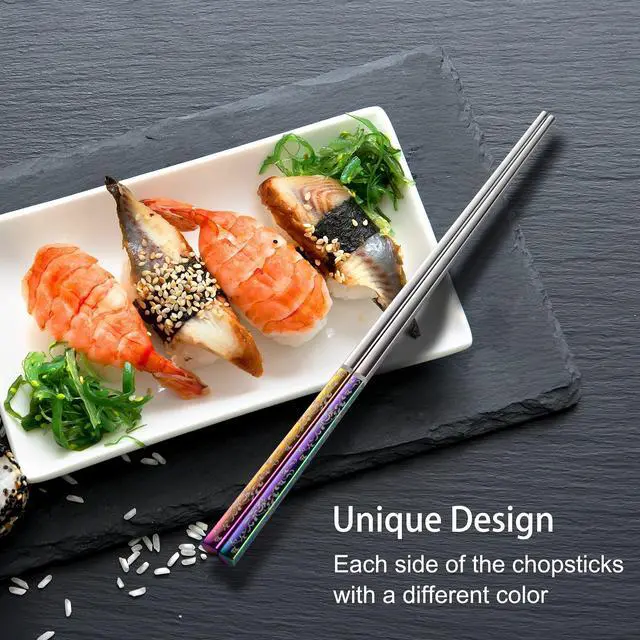 Alt view image 5 of 7 - Metal Chopsticks Reusable Dazzling Rainbow Stainless Steel Chopsticks Titanium Plated Dishwasher Safe Fancy Laser Engraved Korean Japanese Chop Sticks Multicolor 2 Pairs Gift Set