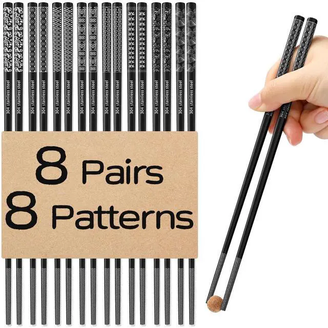 Main image of 8 Pairs Metal Chopsticks Reusable Black Stainless Steel Chopsticks Set Laser Engraved Non-slip Japanese Korean Chinese Chopstick for Cooking Eating Dishwasher Safe 9.25" Chop Sticks Gift Set