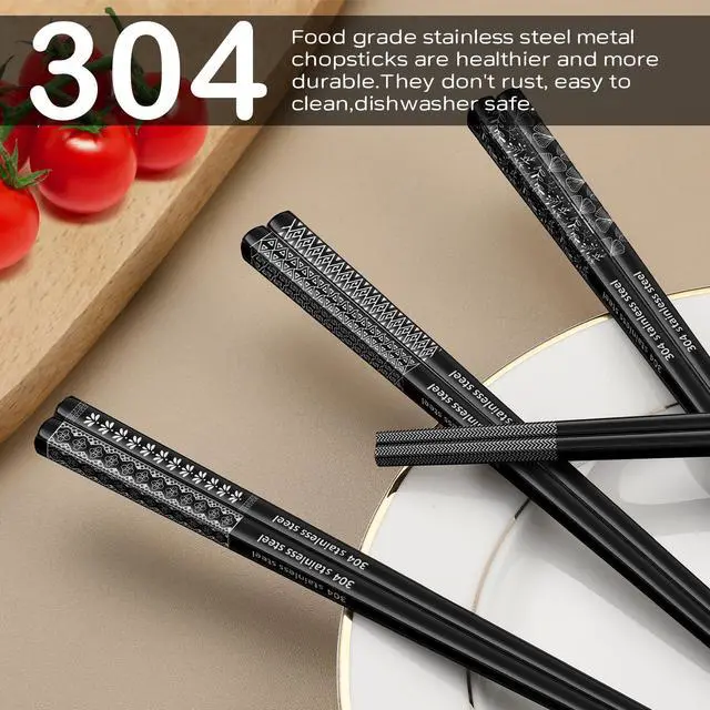 Alt view image 4 of 7 - 8 Pairs Metal Chopsticks Reusable Black Stainless Steel Chopsticks Set Laser Engraved Non-slip Japanese Korean Chinese Chopstick for Cooking Eating Dishwasher Safe 9.25" Chop Sticks Gift Set