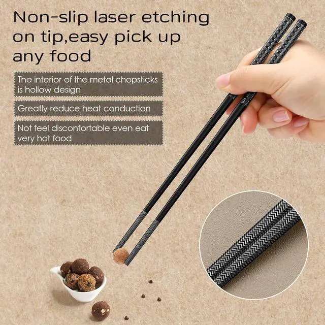 Alt view image 3 of 7 - 8 Pairs Metal Chopsticks Reusable Black Stainless Steel Chopsticks Set Laser Engraved Non-slip Japanese Korean Chinese Chopstick for Cooking Eating Dishwasher Safe 9.25" Chop Sticks Gift Set