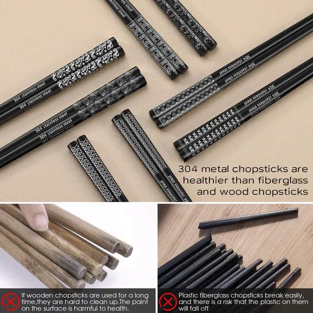 Alt view image 5 of 7 - 8 Pairs Metal Chopsticks Reusable Black Stainless Steel Chopsticks Set Laser Engraved Non-slip Japanese Korean Chinese Chopstick for Cooking Eating Dishwasher Safe 9.25" Chop Sticks Gift Set