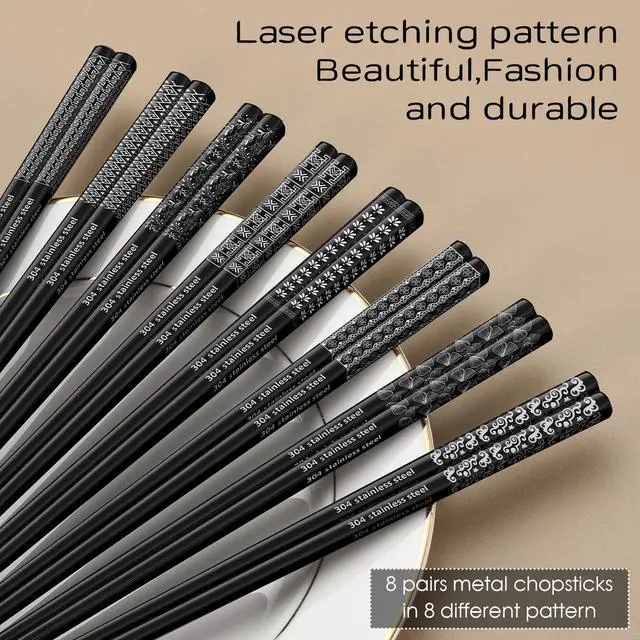 Alt view image 2 of 7 - 8 Pairs Metal Chopsticks Reusable Black Stainless Steel Chopsticks Set Laser Engraved Non-slip Japanese Korean Chinese Chopstick for Cooking Eating Dishwasher Safe 9.25" Chop Sticks Gift Set