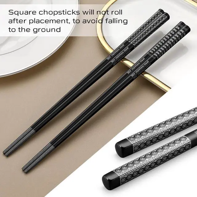 Alt view image 6 of 7 - 8 Pairs Metal Chopsticks Reusable Black Stainless Steel Chopsticks Set Laser Engraved Non-slip Japanese Korean Chinese Chopstick for Cooking Eating Dishwasher Safe 9.25" Chop Sticks Gift Set