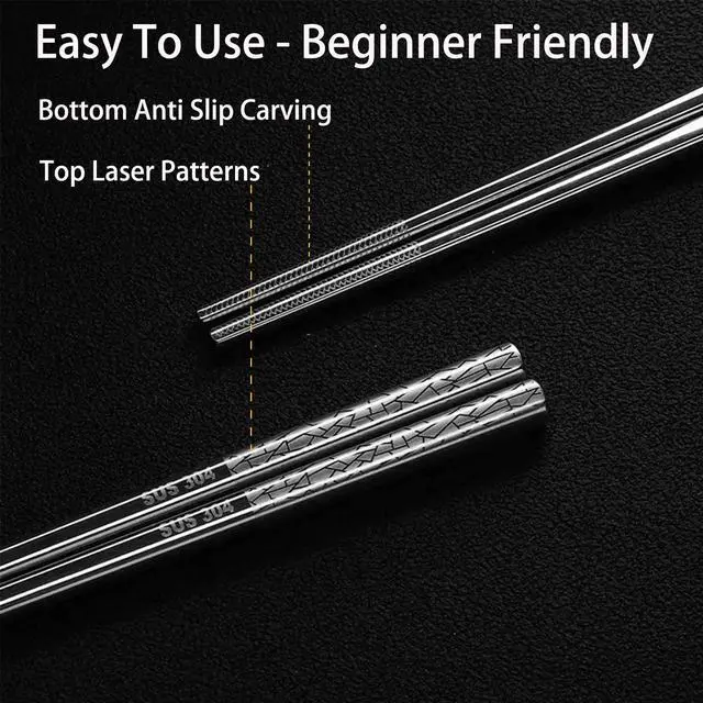 Alt view image 2 of 7 - Stainless Steel Chopsticks Reusable, 5 Pairs, Silver Crack Pattern | Dishwasher Safe,18/8 Stainless Steel,Metal Chopsticks,Lightweight,Non-Slip,Laser engraving patterns