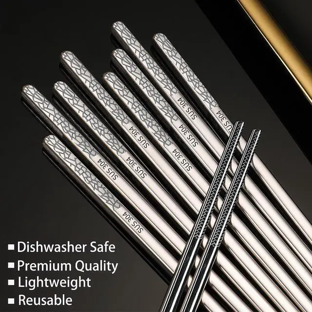 Alt view image 3 of 7 - Stainless Steel Chopsticks Reusable, 5 Pairs, Silver Crack Pattern | Dishwasher Safe,18/8 Stainless Steel,Metal Chopsticks,Lightweight,Non-Slip,Laser engraving patterns