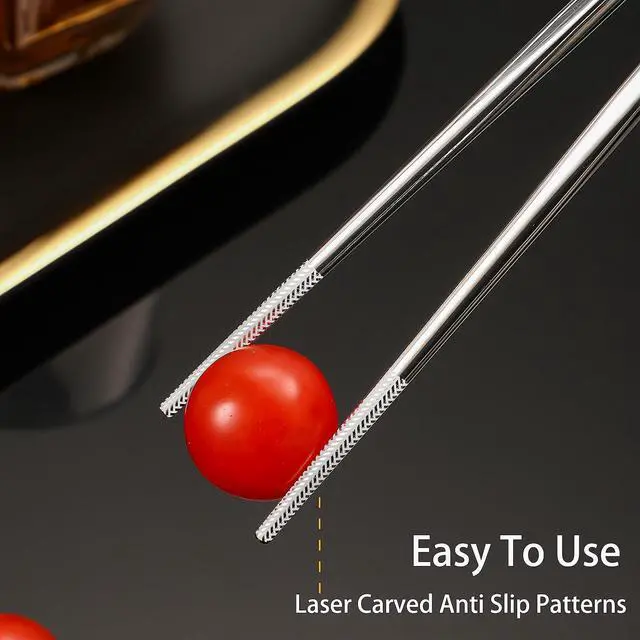 Alt view image 4 of 7 - Stainless Steel Chopsticks Reusable, 5 Pairs, Silver Crack Pattern | Dishwasher Safe,18/8 Stainless Steel,Metal Chopsticks,Lightweight,Non-Slip,Laser engraving patterns