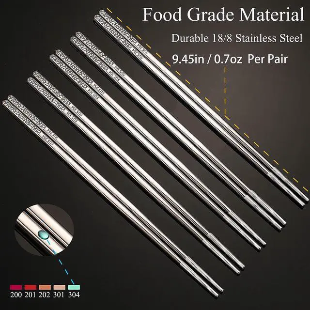 Alt view image 5 of 7 - Stainless Steel Chopsticks Reusable, 5 Pairs, Silver Crack Pattern | Dishwasher Safe,18/8 Stainless Steel,Metal Chopsticks,Lightweight,Non-Slip,Laser engraving patterns