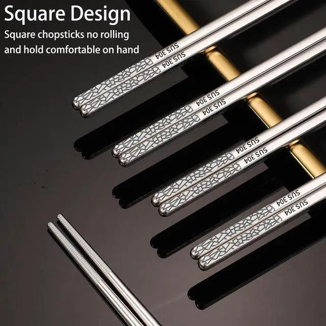 Alt view image 6 of 7 - Stainless Steel Chopsticks Reusable, 5 Pairs, Silver Crack Pattern | Dishwasher Safe,18/8 Stainless Steel,Metal Chopsticks,Lightweight,Non-Slip,Laser engraving patterns