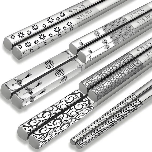 Main image of Metal Chopsticks Reusable 5 Pairs 18/8 Stainless Steel chop sticks silver | Dishwasher Safe,Non-Slip Grip,Good for Beginners,SUS304 Resistant to Rust,Square,Lightweight 9.25''