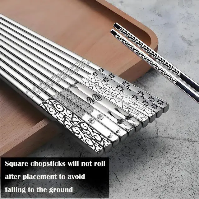 Alt view image 3 of 7 - Metal Chopsticks Reusable 5 Pairs 18/8 Stainless Steel chop sticks silver | Dishwasher Safe,Non-Slip Grip,Good for Beginners,SUS304 Resistant to Rust,Square,Lightweight 9.25''