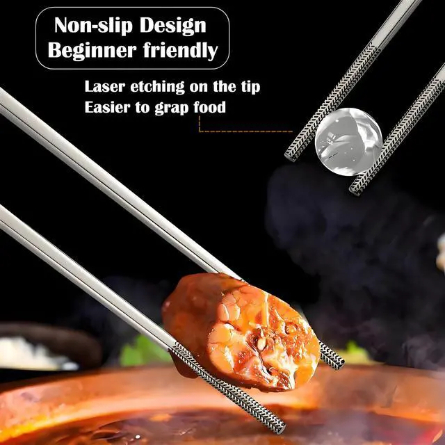 Alt view image 4 of 7 - Metal Chopsticks Reusable 5 Pairs 18/8 Stainless Steel chop sticks silver | Dishwasher Safe,Non-Slip Grip,Good for Beginners,SUS304 Resistant to Rust,Square,Lightweight 9.25''