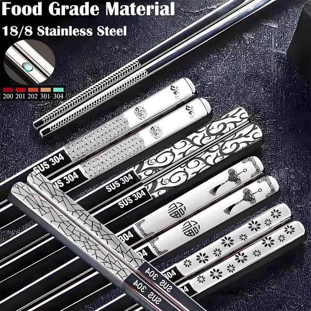 Alt view image 5 of 7 - Metal Chopsticks Reusable 5 Pairs 18/8 Stainless Steel chop sticks silver | Dishwasher Safe,Non-Slip Grip,Good for Beginners,SUS304 Resistant to Rust,Square,Lightweight 9.25''