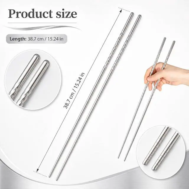 Alt view image 2 of 7 - 2 Pairs 15.3 Inch Cooking Chopsticks Extra Long Reusable Stainless Steel Chopsticks with Non Slip Threaded for Hot Pot, Noodle, Cooking, Frying (Silver)