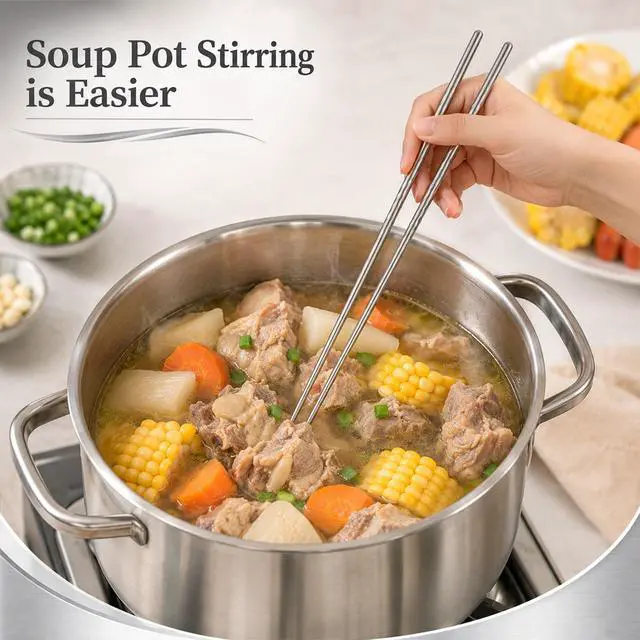 Alt view image 6 of 7 - 2 Pairs 15.3 Inch Cooking Chopsticks Extra Long Reusable Stainless Steel Chopsticks with Non Slip Threaded for Hot Pot, Noodle, Cooking, Frying (Silver)