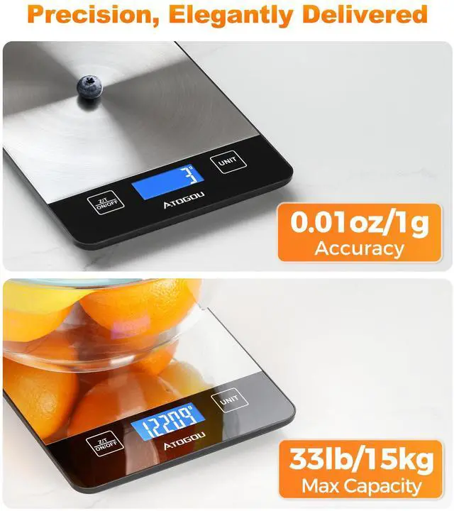 Alt view image 2 of 7 - Food Scale Rechargeable - 33lb Digital Kitchen Scale Ounces Grams | Full-view Display, Water-Resistant, Batteries or USB-C Charging, Stainless Steel, for Cooking, Meal Prep, Package (Black)