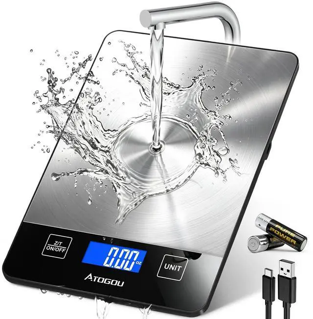Main image of Food Scale Rechargeable - 33lb Digital Kitchen Scale Ounces Grams | Full-view Display, Water-Resistant, Batteries or USB-C Charging, Stainless Steel, for Cooking, Meal Prep, Package (Black)