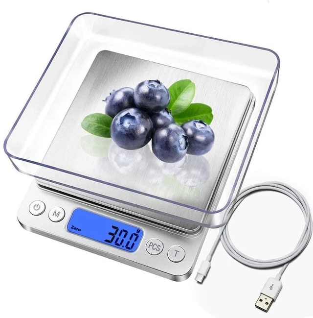 Main image of Food Scale, Rechargeable Kitchen Scale with Trays 3000g/0.1g, Mini Scale with Tare Function Digital Scale Grams and Ounces for Weight Loss, Dieting, Cooking, Meal Prep, Coffee, Jewelry