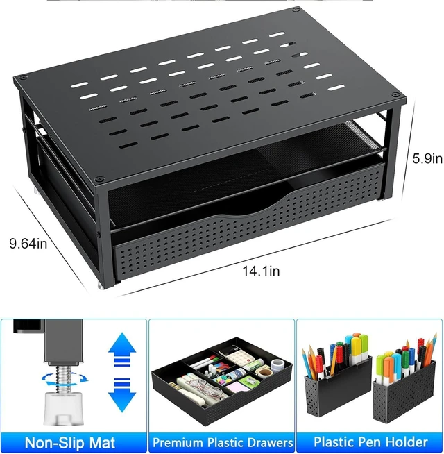 Alt view image 6 of 7 - Monitor Stand with Drawer and 2 Pen Holders | Monitor Riser Dual-Layer Storage Desk Organizers and Accessories (Black)