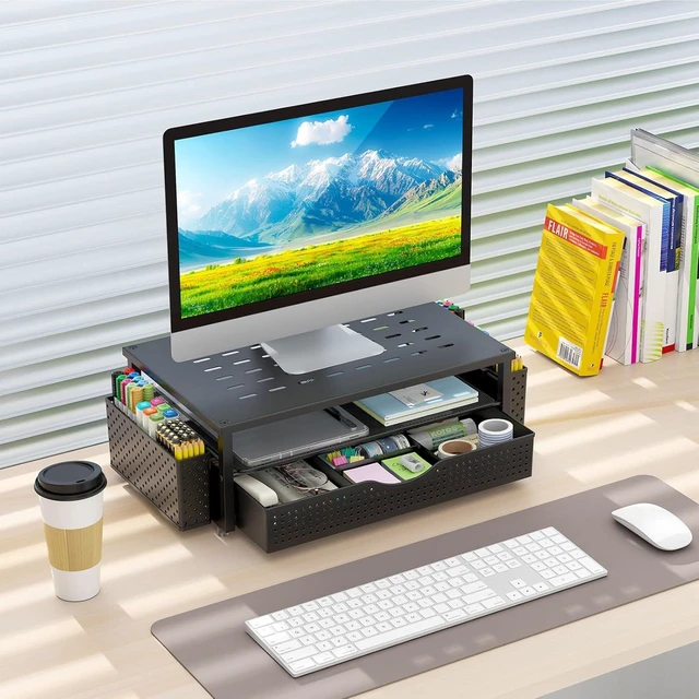 Alt view image 7 of 7 - Monitor Stand with Drawer and 2 Pen Holders | Monitor Riser Dual-Layer Storage Desk Organizers and Accessories (Black)
