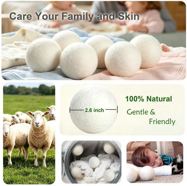Alt view image 3 of 7 - Wool Dryer Balls 6 Pack, 100% New Zealand Wool to Core | Reusable Natural Fabric Softener Alternative, Chemical Free Reduce Wrinkles, Static & Shorten Drying Time 1000+ Loads