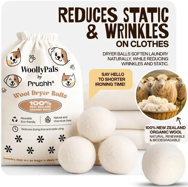 Alt view image 5 of 7 - WoollyPals Dryer Balls (6-Pack, XL Size) - 100% New Zealand Wool - No More Dryer Sheets - Eco Dryer Balls - Reusable - Softens Laundry - Reduces Drying Time & Static - with Storage Bag (Plain White)