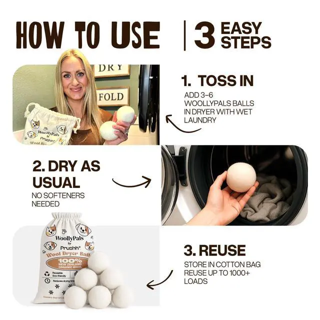 Alt view image 7 of 7 - WoollyPals Dryer Balls (6-Pack, XL Size) - 100% New Zealand Wool - No More Dryer Sheets - Eco Dryer Balls - Reusable - Softens Laundry - Reduces Drying Time & Static - with Storage Bag (Plain White)