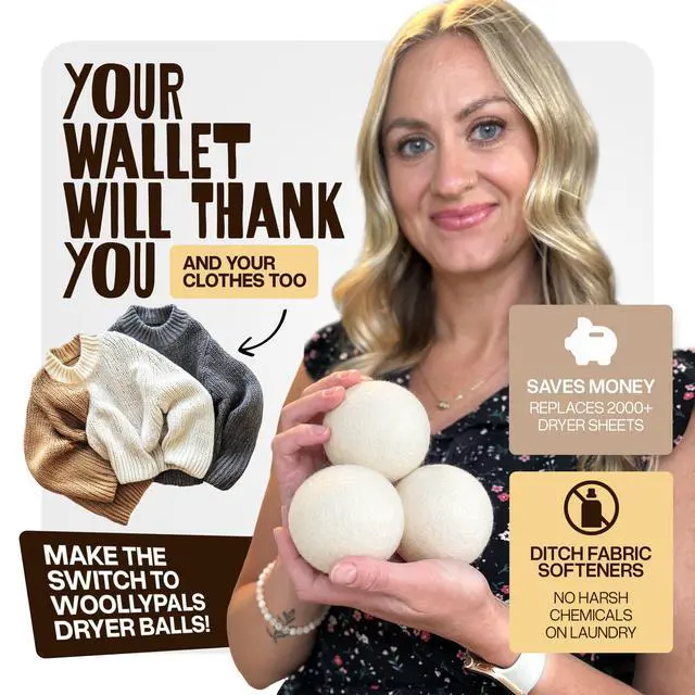 Alt view image 4 of 7 - WoollyPals Dryer Balls (6-Pack, XL Size) - 100% New Zealand Wool - No More Dryer Sheets - Eco Dryer Balls - Reusable - Softens Laundry - Reduces Drying Time & Static - with Storage Bag (Plain White)