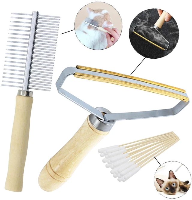 Alt view image 2 of 7 - 3-in-1 Pet Hair Remover & Grooming Kit for Long-Haired Cats and Dogs Includes Double-Sided Metal Comb, Furniture Fur Scraper & 50 Soft Cotton Swabs for Ear and Eye Cleaning