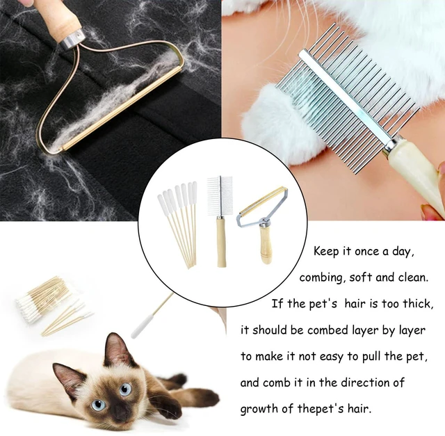 Alt view image 7 of 7 - 3-in-1 Pet Hair Remover & Grooming Kit for Long-Haired Cats and Dogs Includes Double-Sided Metal Comb, Furniture Fur Scraper & 50 Soft Cotton Swabs for Ear and Eye Cleaning