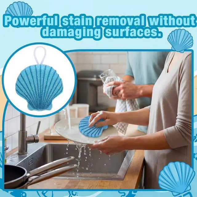 Alt view image 3 of 6 - 12 Pcs Shell Sponge Dish Scrubber Dual Sided Non Scratch Dish Washing Scrubbers Reusable Household Cleaning Kitchen Tools for Dishwashing Washing Dishes Cookware Tubs Sinks