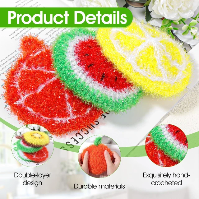 Alt view image 3 of 7 - 16pcs Fruit Dish Srubbies,Non Scratch Dishwashing Sponges,Double Layer Reusable Hand-Knitting Kitchen Cleaning Dish Sponge Scrubber for Dishwashing Washing Dishes Cookware Tubs Sinks