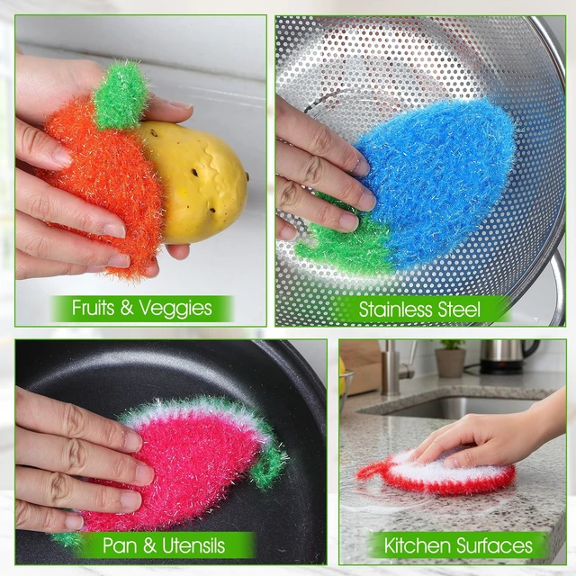 Alt view image 4 of 7 - 16pcs Fruit Dish Srubbies,Non Scratch Dishwashing Sponges,Double Layer Reusable Hand-Knitting Kitchen Cleaning Dish Sponge Scrubber for Dishwashing Washing Dishes Cookware Tubs Sinks