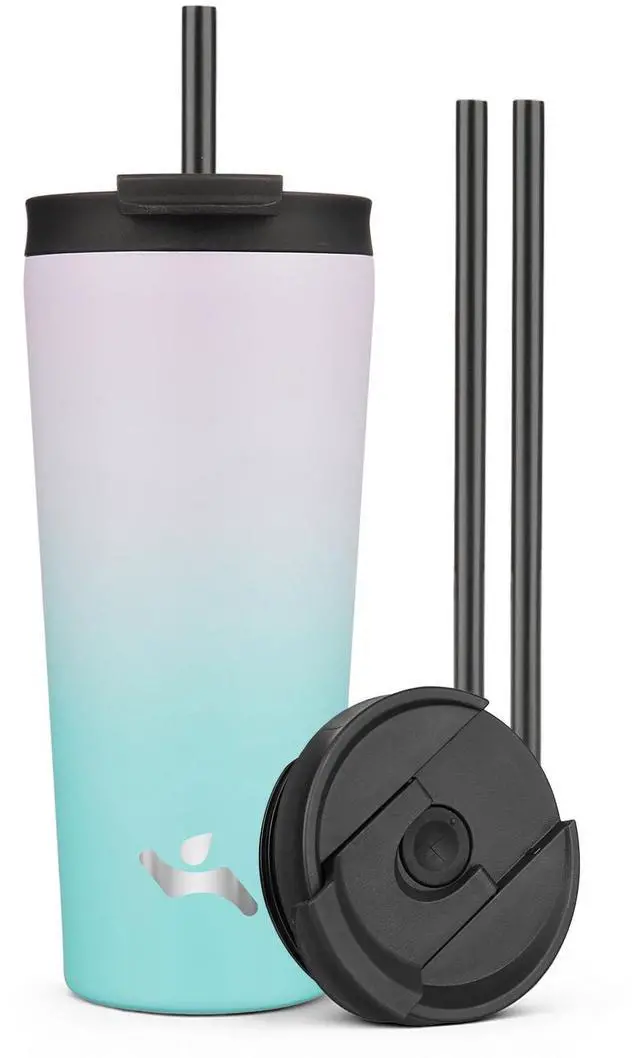 Main image of 22 oz Insulated Tumbler Water Bottle with Straw Lid, Lavender Green | Stainless steel insulated tumbler for coffee, water and iced drinks; spill-proof lid, 2 straws, cup-holder friendly