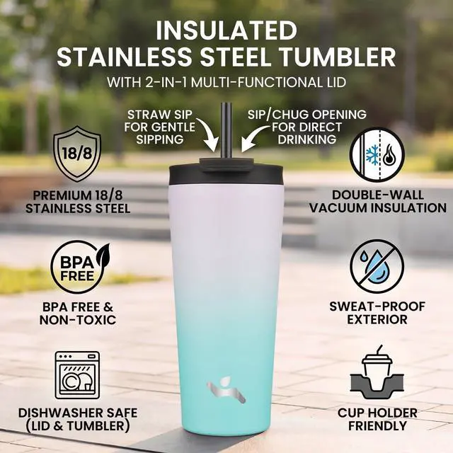 Alt view image 2 of 7 - 22 oz Insulated Tumbler Water Bottle with Straw Lid, Lavender Green | Stainless steel insulated tumbler for coffee, water and iced drinks; spill-proof lid, 2 straws, cup-holder friendly