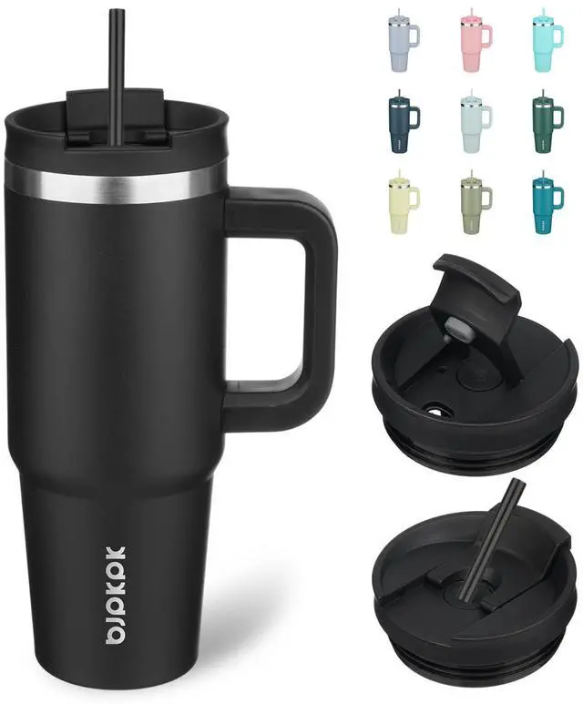 Main image of 30 oz Insulated Tumbler with Handle & Straw, Stainless Steel | Double Wall Vacuum Insulation, Leak Proof, BPA Free, Dishwasher Safe, Cupholder Friendly, Travel & Outdoor, Black