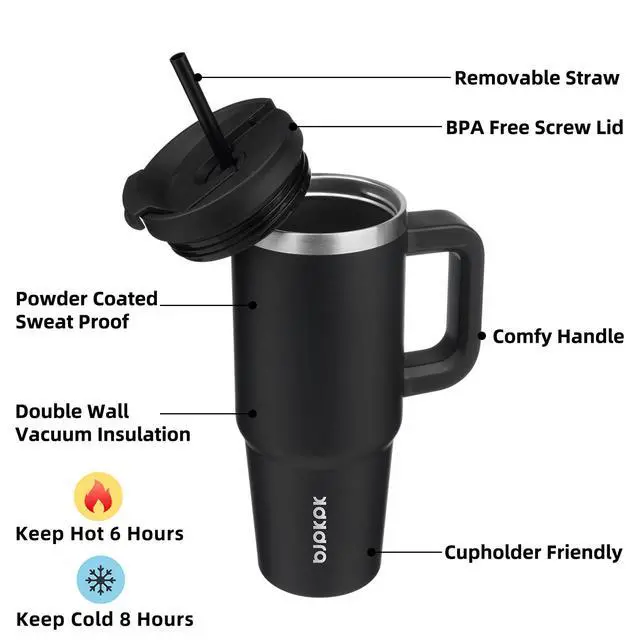 Alt view image 2 of 6 - 30 oz Insulated Tumbler with Handle & Straw, Stainless Steel | Double Wall Vacuum Insulation, Leak Proof, BPA Free, Dishwasher Safe, Cupholder Friendly, Travel & Outdoor, Black