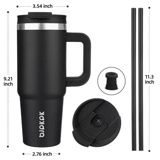 Alt view image 3 of 6 - 30 oz Insulated Tumbler with Handle & Straw, Stainless Steel | Double Wall Vacuum Insulation, Leak Proof, BPA Free, Dishwasher Safe, Cupholder Friendly, Travel & Outdoor, Black
