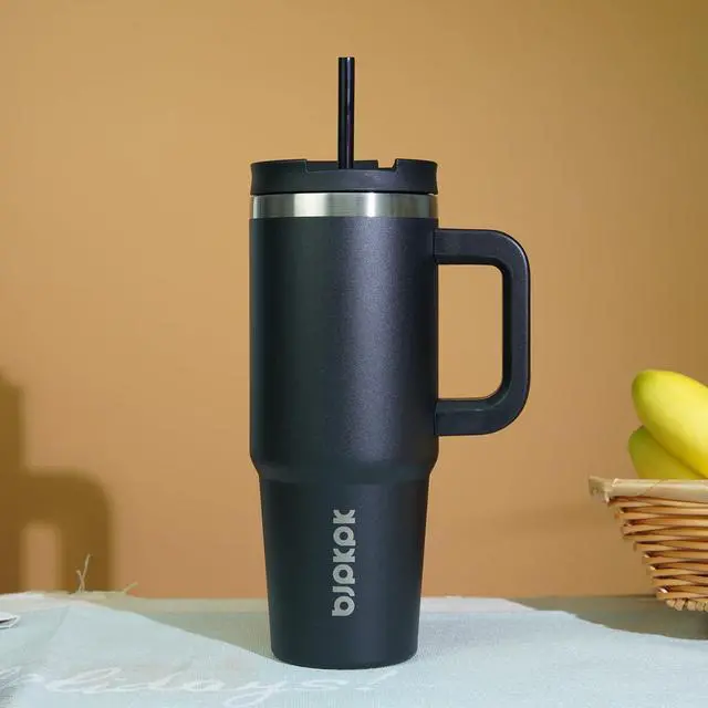 Alt view image 6 of 6 - 30 oz Insulated Tumbler with Handle & Straw, Stainless Steel | Double Wall Vacuum Insulation, Leak Proof, BPA Free, Dishwasher Safe, Cupholder Friendly, Travel & Outdoor, Black