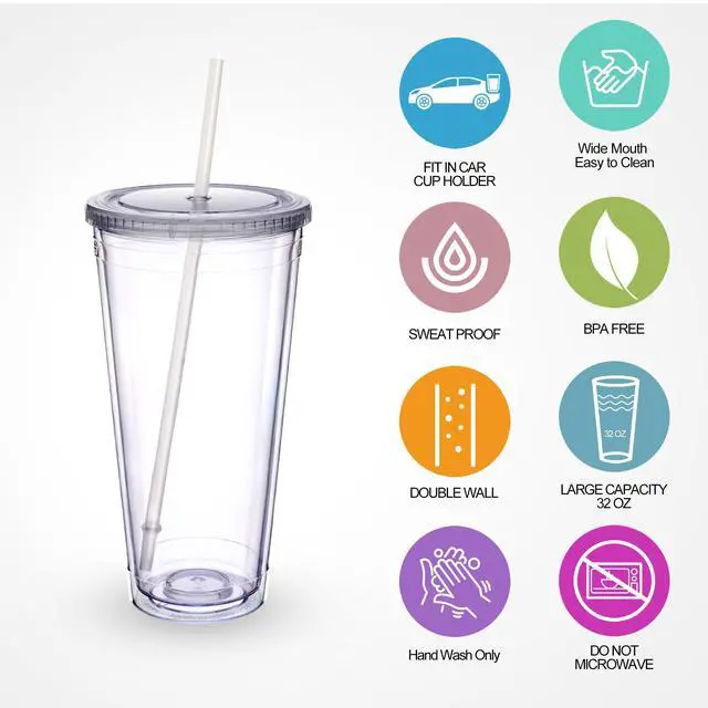 Alt view image 2 of 7 - Clear Double Wall Plastic Tumbler with Lid and Straw 32 oz, 2 Pack | Wide Mouth BPA Free Large Clear Insulated Reusable Acrylic Iced Coffee To Go Cup for Loaded Tea, Water, Fit in Cupholder