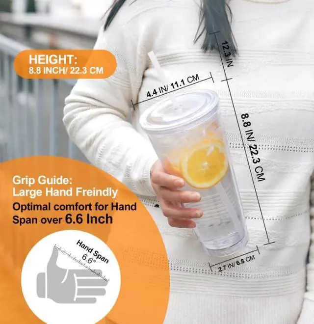 Alt view image 4 of 7 - Clear Double Wall Plastic Tumbler with Lid and Straw 32 oz, 2 Pack | Wide Mouth BPA Free Large Clear Insulated Reusable Acrylic Iced Coffee To Go Cup for Loaded Tea, Water, Fit in Cupholder