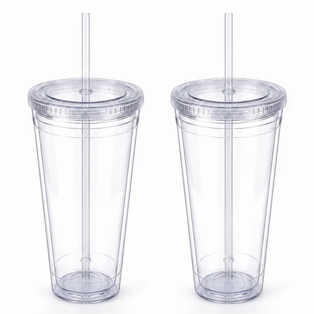 Main image of Clear Double Wall Plastic Tumbler with Lid and Straw 32 oz, 2 Pack | Wide Mouth BPA Free Large Clear Insulated Reusable Acrylic Iced Coffee To Go Cup for Loaded Tea, Water, Fit in Cupholder