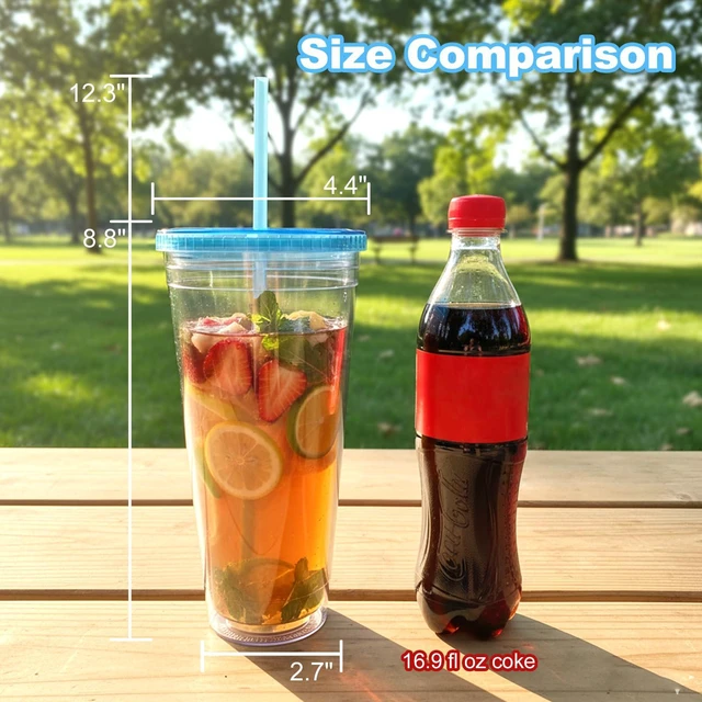 Alt view image 5 of 7 - Clear Double Wall Plastic Tumbler with Lid and Straw 32 oz, 2 Pack | Wide Mouth BPA Free Large Clear Insulated Reusable Acrylic Iced Coffee To Go Cup for Loaded Tea, Water, Fit in Cupholder